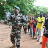 Niger army sergeant and singer Maman Sani Maigochi launches into a new song at the recording of a video clip