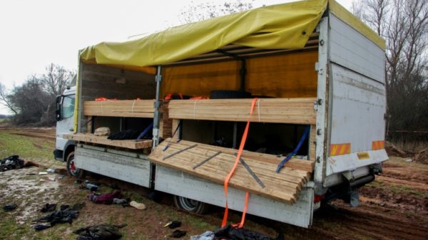 The abandoned truck in which eighteen migrants were found dead near Lokorsko, Bulgaria