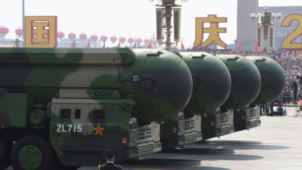 China's DF-41 nuclear-capable intercontinental ballistic missiles are shown off during a military parade in Beijing to mark the 70th anniversary of the founding of the People's Republic of China