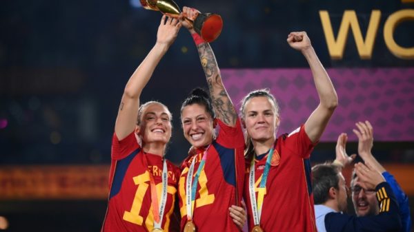 Jennifer Hermoso, centre, lifting the Women's World Cup after Spain's 1-0 victory against England