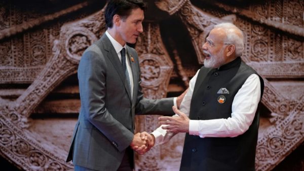 India's Prime Minister Narendra Modi (R) shakes hands with Canada's Prime Minister Justin Trudeau ahead of the G20 Leaders' Summit in New Delhi on September 9, 2023