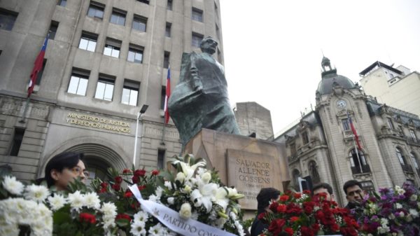 Flowers at a statue to ex-president Salvador Allende, deposed in a coup 50 years ago