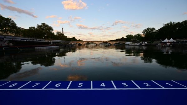The starting line for the 2023 World Triathlon pre-Olympics test event floating on the Seine River in Paris