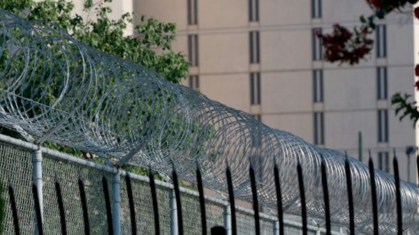 Security fencing around the Fulton County Jail in Atlanta, Georgia, where former president Donald Trump is expected to be booked on charges of seeking to overturn the 2020 election