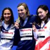 (L-R) Silver medallist Italy's Simona Quadarella, gold medallist USA's Katie Ledecky and bronze medallist China's Li Bingjie pose during the medals ceremony for the women's 1500m freestyle swimming event during the World Aquatics Championships