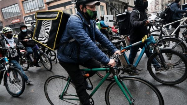 New York delivery couriers protest for better working conditions on April 21, 2021